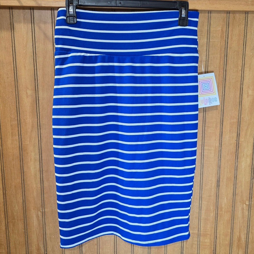 LuLaRoe Cassie Skirt Blue White Striped Pencil‎ Stretch Career Casual Sz S